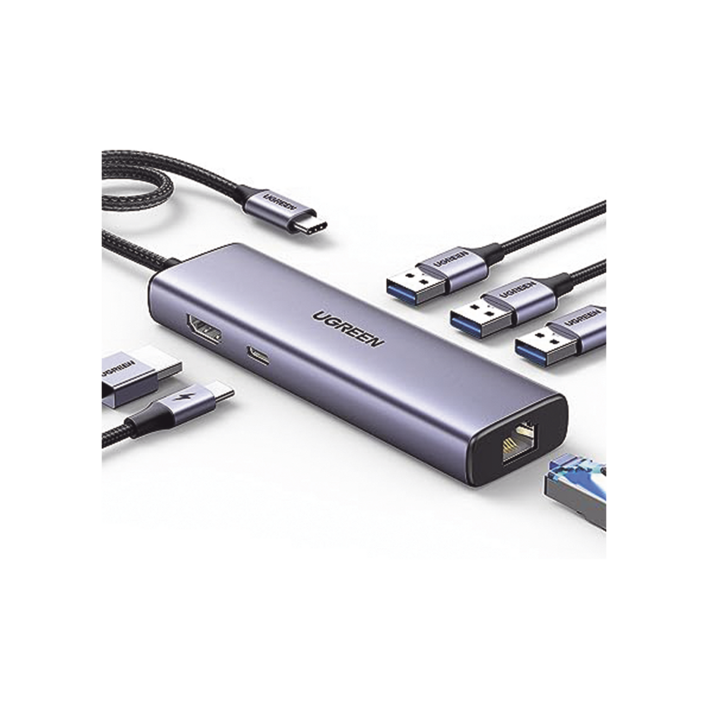 HUB USB-C (Docking Revodok) 6 en 1 | 3 Puertos USB-A 3.0 (5 Gbps) | USB-C PD 100W | HDMI 4K@30Hz | Entrada 1 RJ45 (Gigabit Ethernet) | Chip de Última Generación | Potente Disipación de Calor |  Caja de Aluminio.