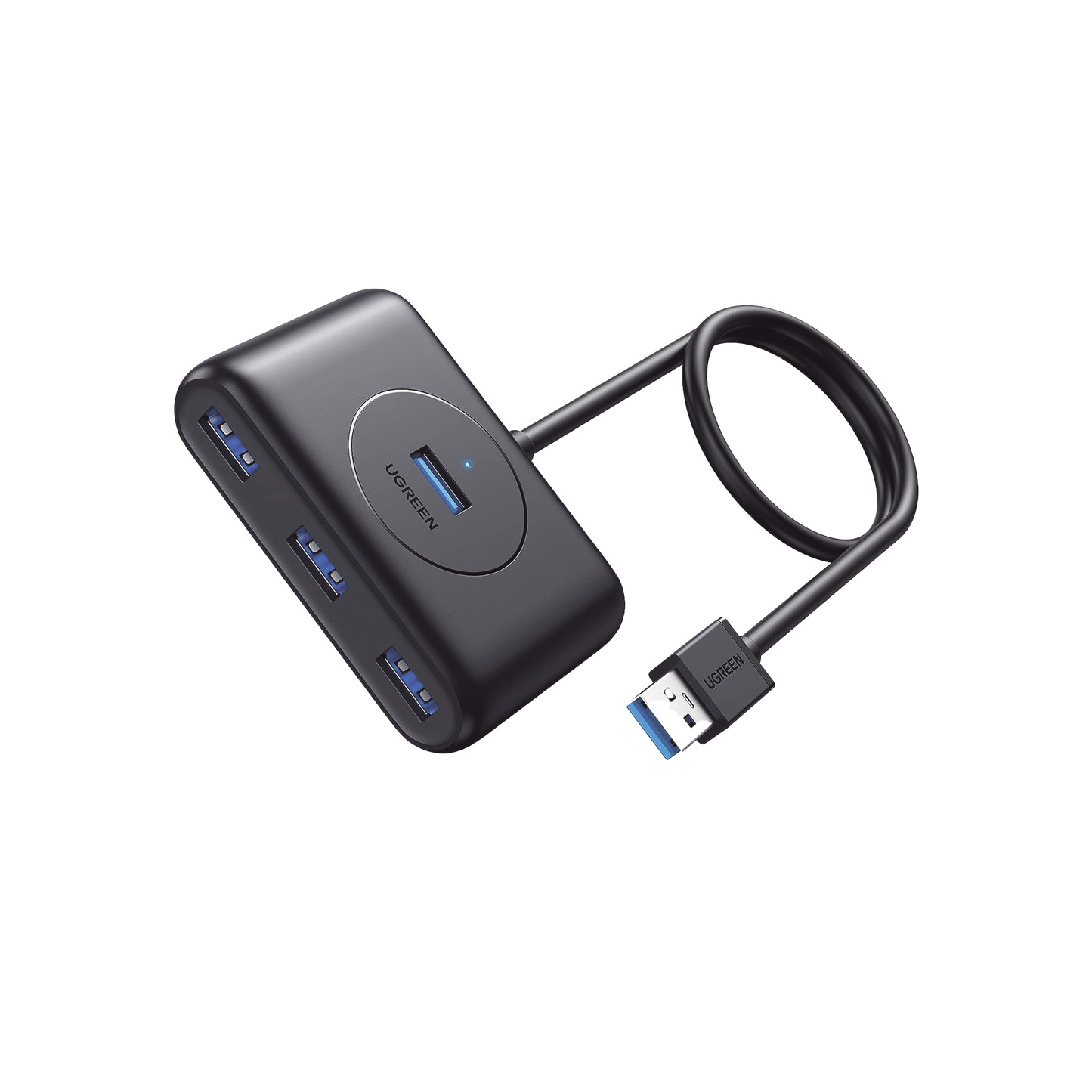 HUB USB-A 3.0 4 en 1 | 4 Puertos USB-A 3.0 (5Gbps) | Entrada USB-C (PD 5V2A) | Cable de 1 Metro | Indicador Led | Ideal para Transferencia de Datos | Entrada USB-C para alimentar equipos de mayor consumo | Color Negro.