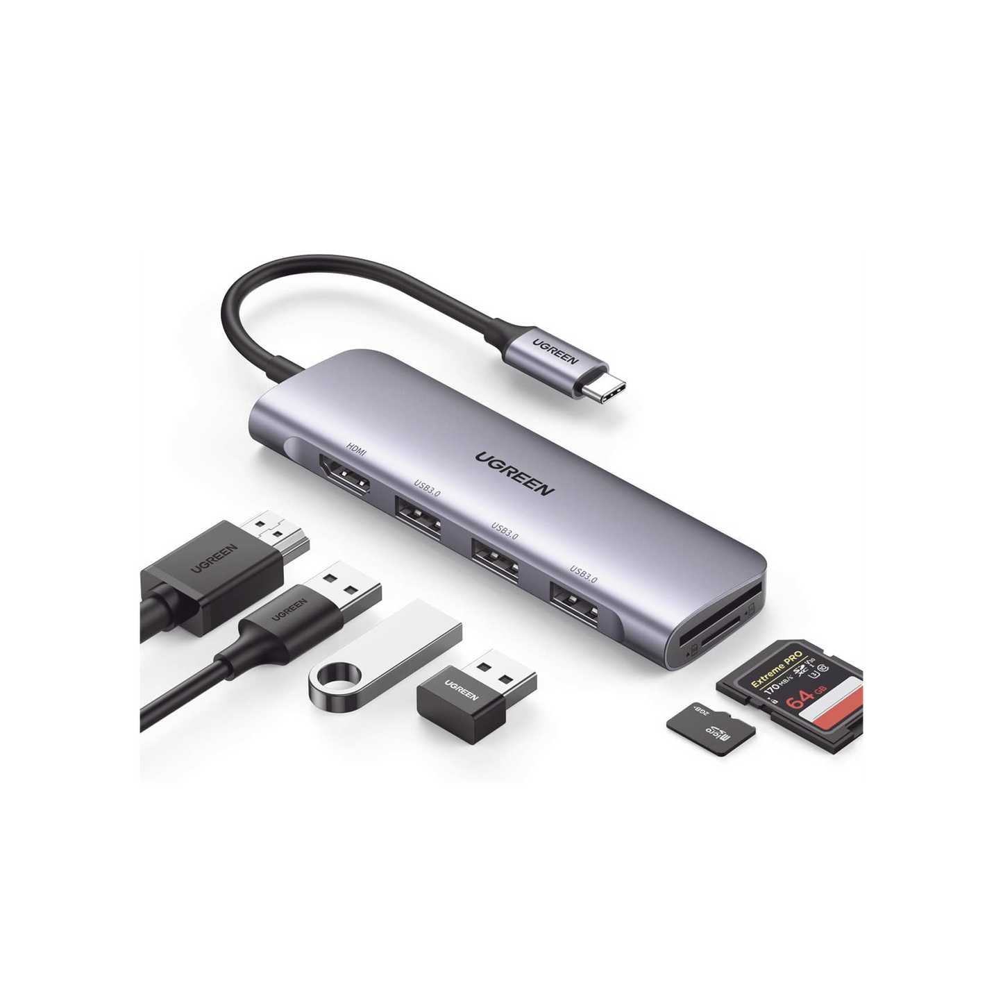 HUB USB-C (Docking Station) 6 en 1 | HDMI 4K@30Hz | 3 Puertos USB 3.0 | Lector Tarjeta SD + Micro SD (TF) Uso Simultáneo | Chip de Última Generación | Potente Disipación de Calor |  Caja de Aluminio.