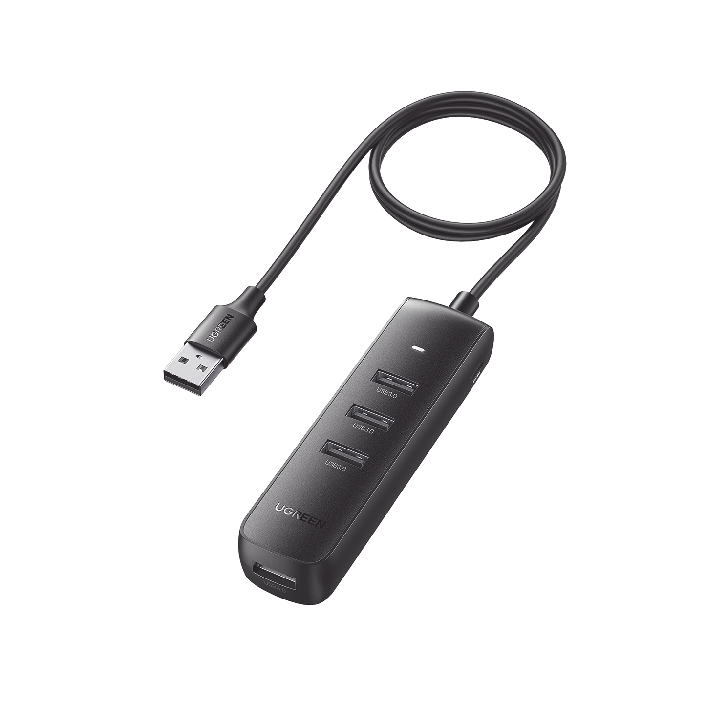 HUB USB-A Multipuertos / 4 Puertos USB 3.0 (5Gbps) / Cable de 1 Metro / Indicador Led / Ideal para Transferencia de Datos / Entrada Tipo C para alimentar equipos de mayor consumo como discos duros / Color Negro / 4 en 1.