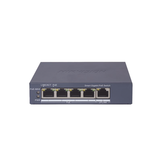 Switch Gigabit PoE+ / Administrable / 4 Puertos 1000 Mbps PoE+ / 1 Puerto 1000 Mbps Uplink / Configuración Nube Hik-PartnerPro / Modo Extendido hasta 300 Metros / 60 Watts