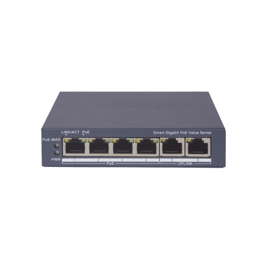 Switch Gigabit PoE+ / Administrable / 4 Puertos 1000 Mbps PoE+ / 2 Puertos 1000 Mbps Uplink / Configuración Nube Hik-PartnerPro / Modo Extendido hasta 300 Metros / 45 Watts