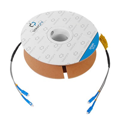 Carrete de Fibra Óptica Monomodo con conectores SC-SC Duplex, Reforzada con Kevlar, de 50 metros