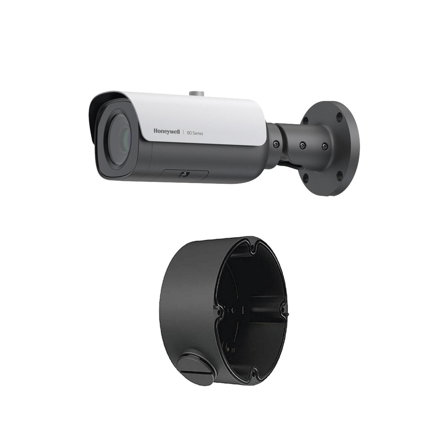 Camara Bala IP 5 Megapixel / Lente Mot. 5 a 50 mm (10X Zoom) / 60 mts IR / NDAA / ONVIF / H.265 /  Exterior IP67 / Antivandálica IK10 / PoE+ / Alarmas I/O / Serie 60 / Honeywell Security / Incluye Caja de Conexión