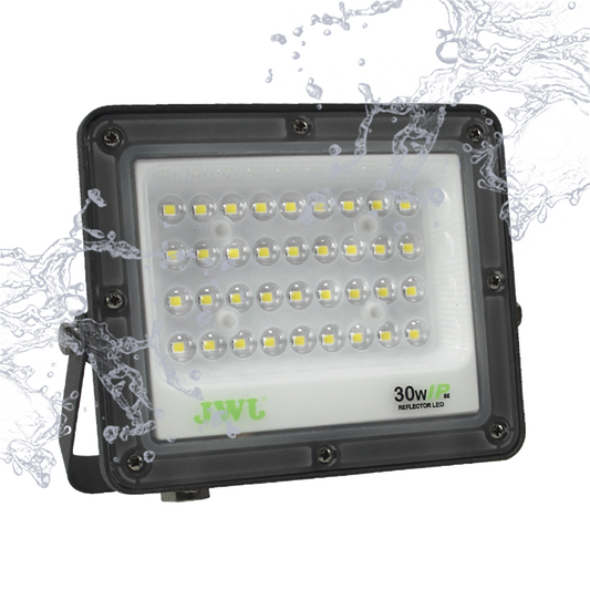 Reflector Tipo Lupa 30 W / Flujo luminoso 3 000 lm / 110 - 240 Vca~ 60Hz /  Dimensiones 150 x 125 x 22 mm / Uso en exterior IP66.