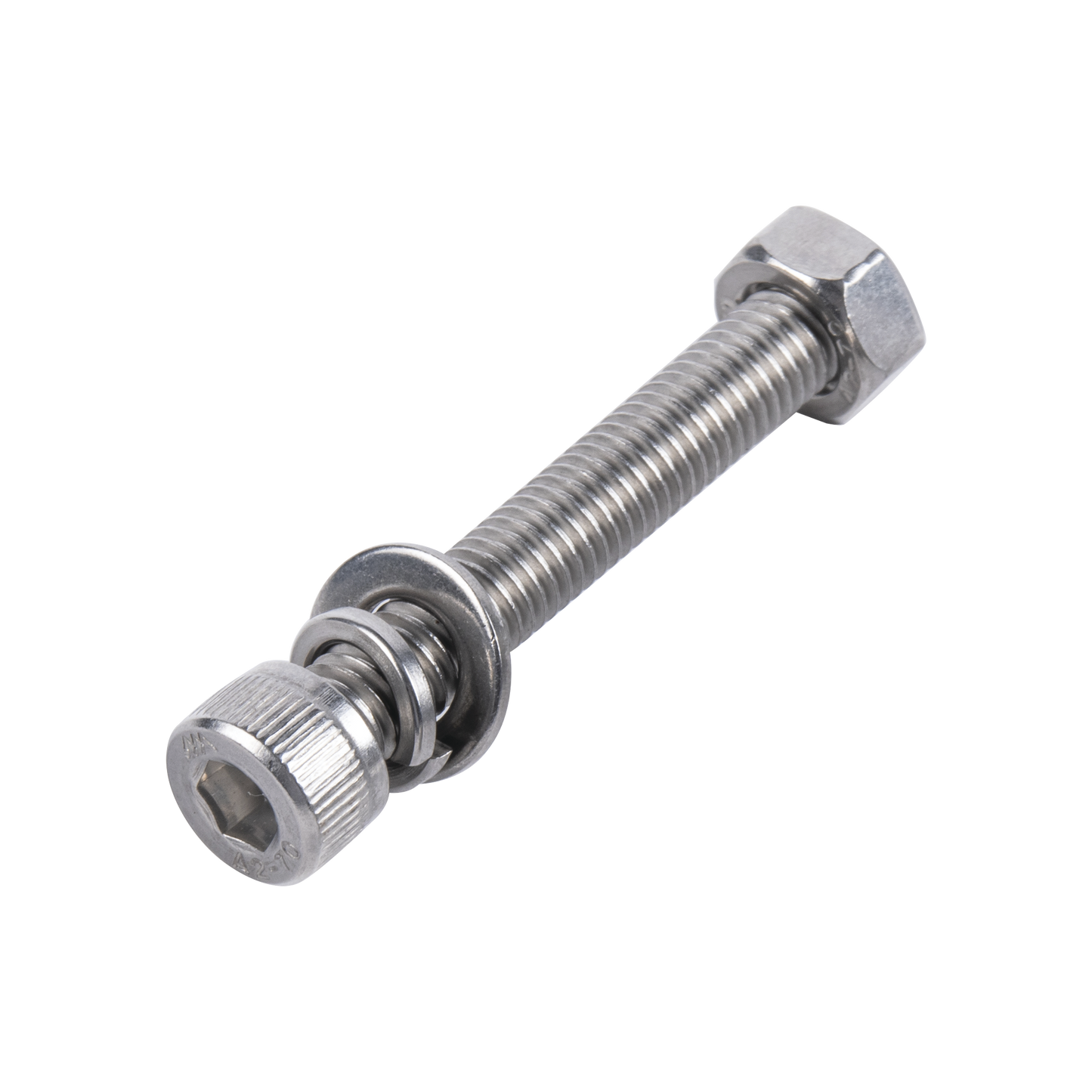 Tornillo Allen Milimétrico de Acero Inoxidable  M8-1.25 x 65/ Incluye Tuerca, Arandela Plana y Arandela Presión / Para Montajes de Módulos Solares / Bolsa con 6 piezas.