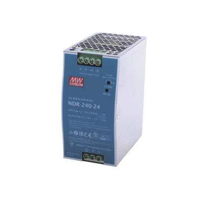 Fuente de Poder Industrial de 240W, salida 24Vcc, 10A, para montaje Riel Din NDR24024