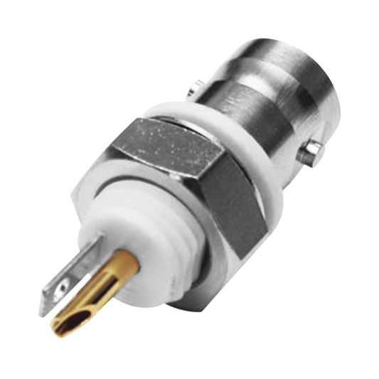 Conector BNC Hembra Aislado para Montaje en Panel Frontal en D-Plano, Soldable para Grupo I, Níquel/ Oro/ Teflón.