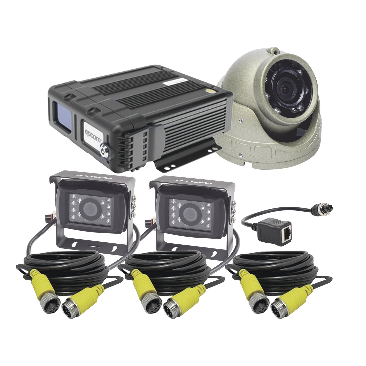 KIT DVR PARA VEHICULO /  INCLUYE /  CÁMARAS PARA INTERIOR /  CÁMARA PARA EXTERIOR, / 2MP AHD /  CABLES EXTENSORES / ADAPTADOR LAN.