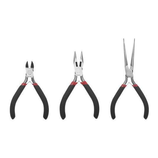 Juego de 3 Mini Pinzas de Corte de 5". Incluye: Pinza de Punta Redonda, Diagonal y Punta de Aguja.