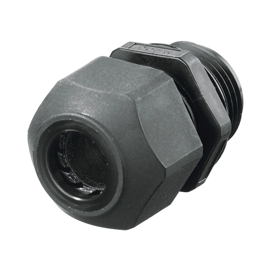 Conector de cable, estilo europeo para conductores de 0.18" a .31", para conduit 3/8", negro.