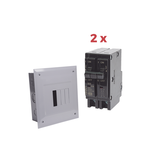 Kit Centro de Carga 4P para empotrar con 2 Interruptores Térmicos de 2 Polos, 20Amp 120/240Vca 10kA.