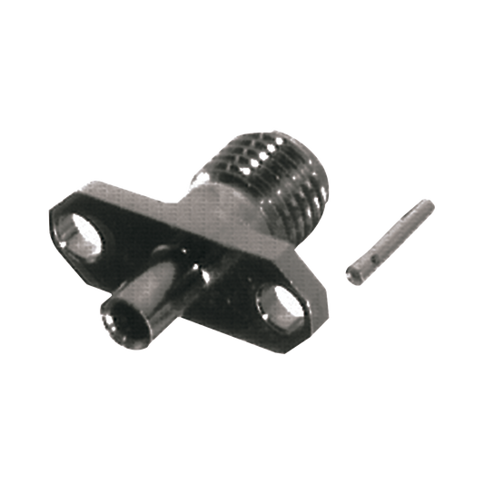 Conector SMA Hembra para Panel de 2 Hoyos para Cable Semi-Rigido de 0.085", Grupo SR1 Níquel/ Oro/ Teflón.