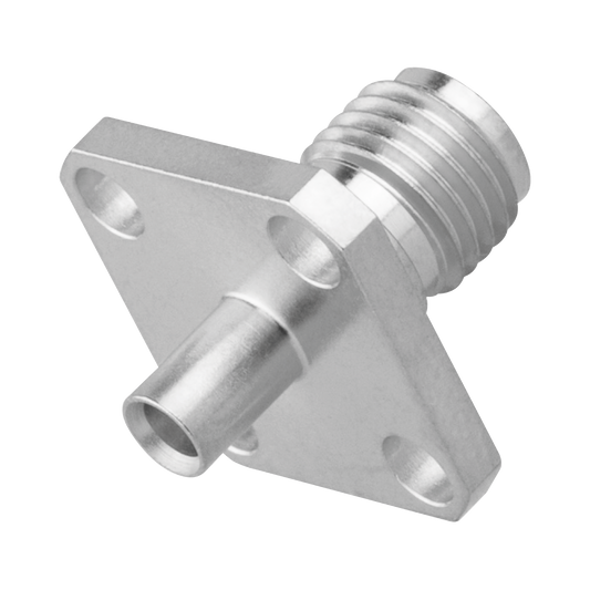 Conector SMA Hembra, 4 Hoyos en Panel de 13 mm, Soldable en Cable Semi-Rígido de 0.047" Diámetro, Grupo SR0, Oro/ Oro/ Teflón.