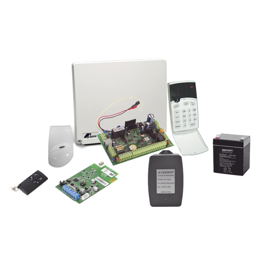 Kit de alarma de 8 a 16 zonas híbrido incluye: sensor de movimiento inalámbrico, receptor inalámbrico, 2 contactos magnéticos inalámbricos y control remoto inalámbrico.