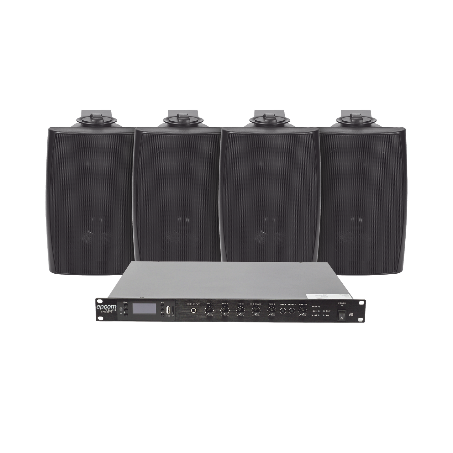 KIT de Amplificador de Audio 120W para Rack | 4 Altavoces de Pared color Negro 2.5W - 20W | Sistema 70/100V